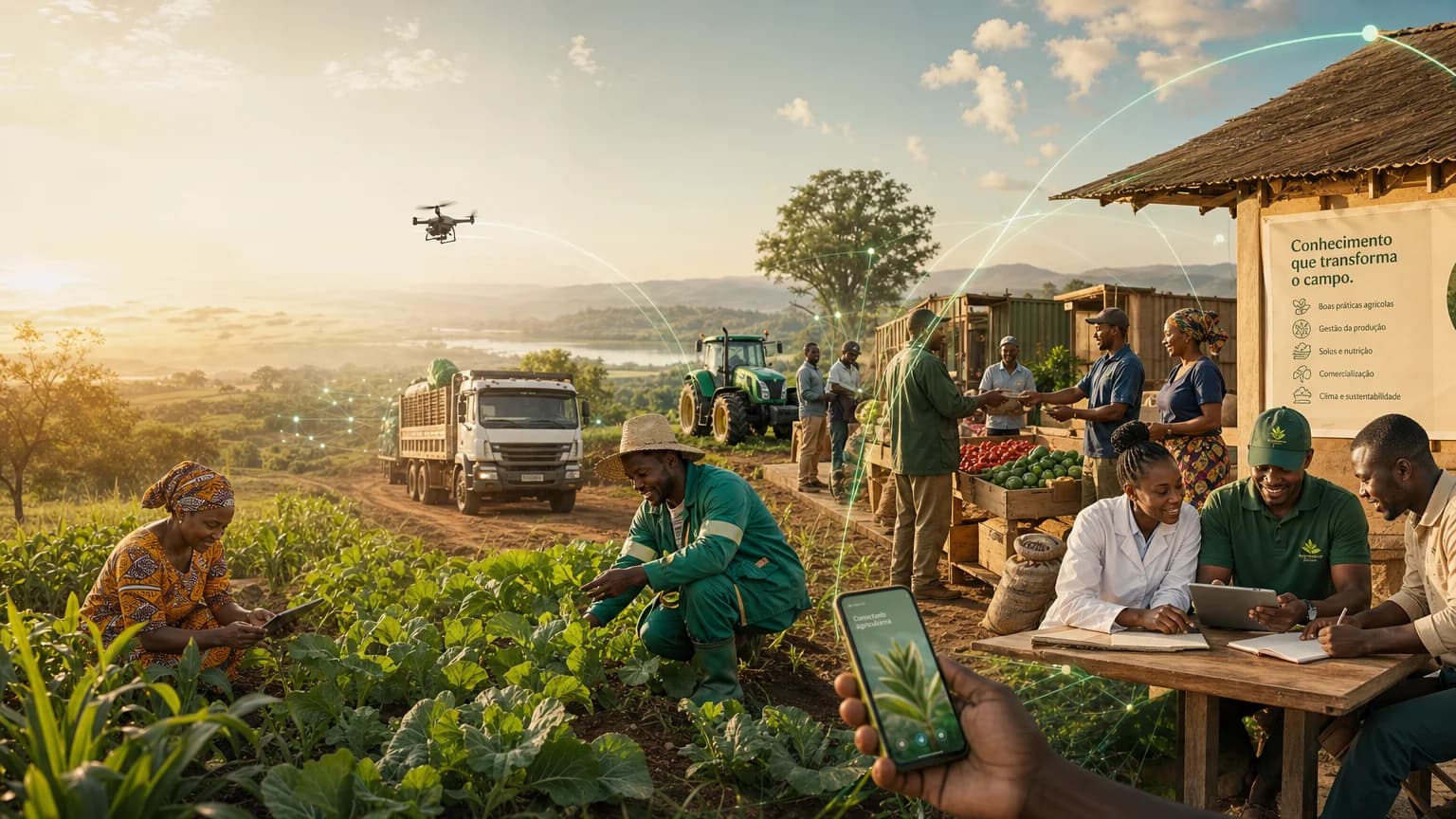 Ambiente agrícola africano com produção no campo, comércio e tecnologia digital a conectar o ecossistema AgroConnect em Angola.